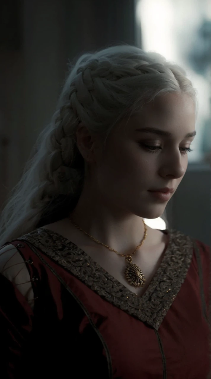 Girl with white wavy hair,side braids,beautiful necklace, Targaryen women hairstyle,beautiful gold tiara, red and black dress
