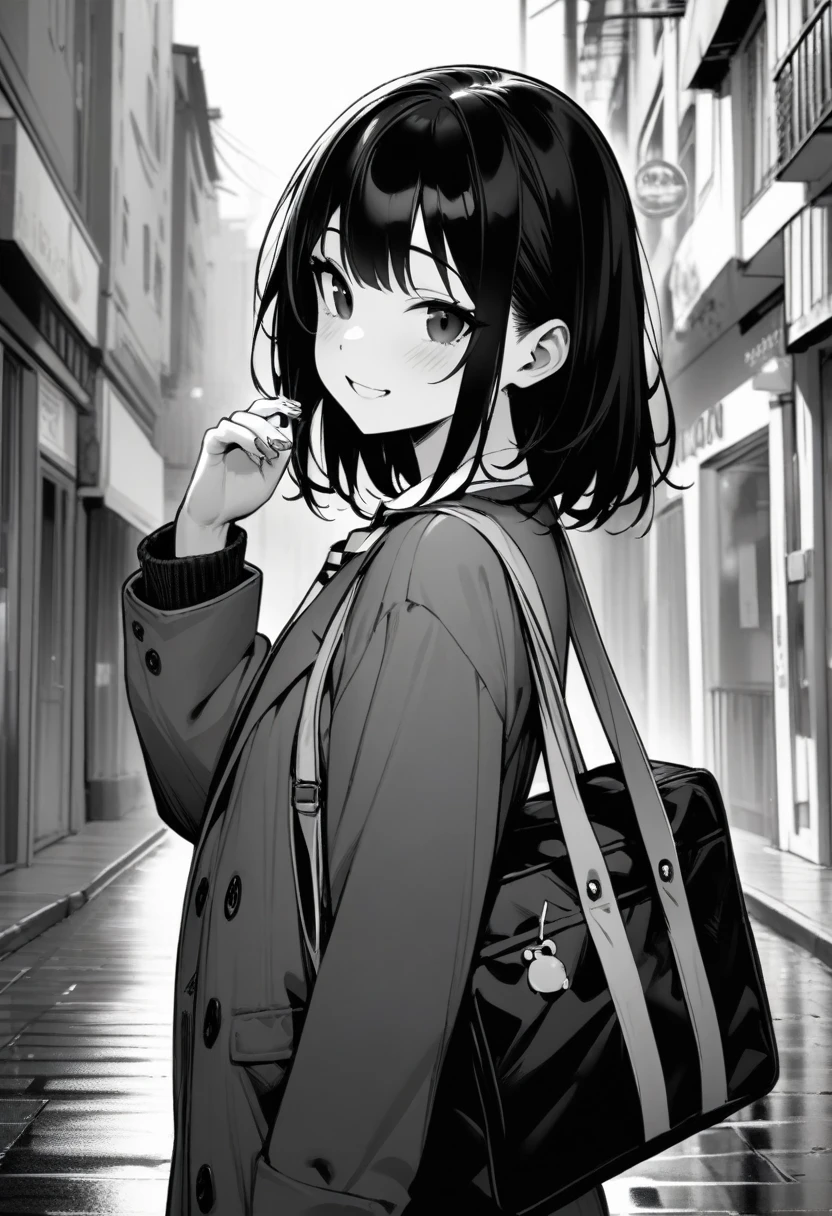 ​masterpiece, best quality 1girl, grayscale, , black eyes, street, iced, black hair, schoolbag, smile