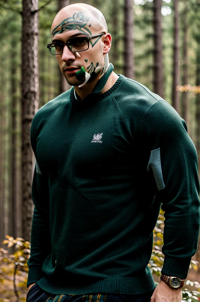 ((best quality)), ((masterpiece)), (detailed), realistic face real bald muscular male upper body wear dark green pullover at night forest