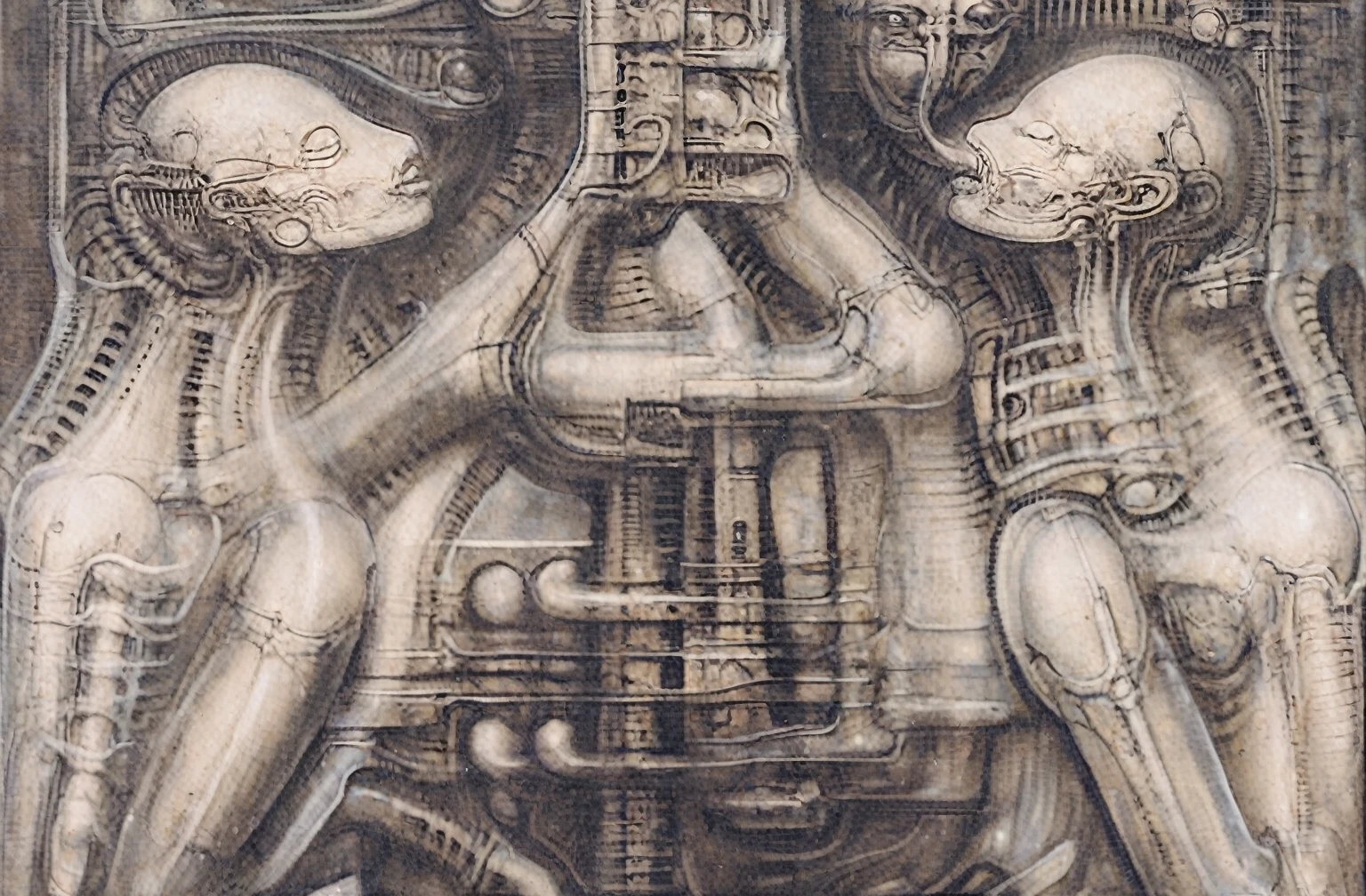 Create biomechanical tableau with some of the artistic techniques and compositional features used in /&quot;Necron IV/” by h r (Hans Rudie) giger:
 The image depicts a complex, sprawling city made of dark ivory, metal and wires. The city is densely packed with loops and twists, resembling a massive, intricate machine.
The painting is composed around a central focus of bone-like celestial formations and tectonic weathering structures with a phallic spine. This central form is the most detailed and brightly lit part of the painting, and it draws the viewer's eye in.The central focus is emphasized by the use of light and shadow. The light source is coming from the top left of the painting, and it casts a bright spotlight on the scene.
Biomorphic forms: The biomechanical forms in the painting are inspired by biological organisms, but they are also machine-like. These forms create a sense of unease and discomfort, as they blur the line between the natural and the artificial
. The image is highly detailed and intricate, uses, with transparent organs and bones exposed). The piece has a thick mechano-organic texture and is covered in fine details. The image has a swirling, organic quality to it. The artistic manner would be unmistakably Gigeresque. A dark and unsettling beauty would permeate the piece, blurring the lines between fascination and repulsion , forever haunted by the grotesque allure. Giger's signature artistic manner would be evident in every stroke. The airbrush would be wielded with masterful precision to create a hyperrealistic yet nightmarish aesthetic.,hrgiger,H.G. Giger Style, Biomechanics,HRGigerArhP style