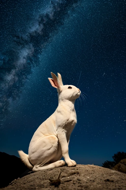 Conejo blanco y tierno, bajando una estrella del cielo, y cielo tiene planetas y estrellas. Conejo sosteniendo una estrella