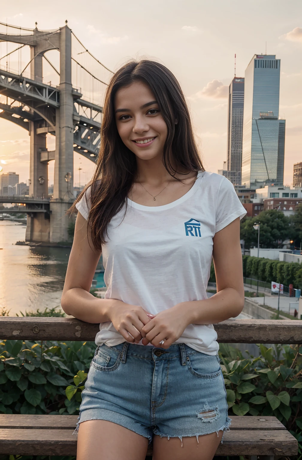 a girl seeting on a bench,sunset time,wearing a jeens blue shorts,and a long t shart,looks happy,fingers clearity,rtx,amd,real grafix,real fingers,fingers qulity ,5fingers in both hand,infront of a city bridge,
