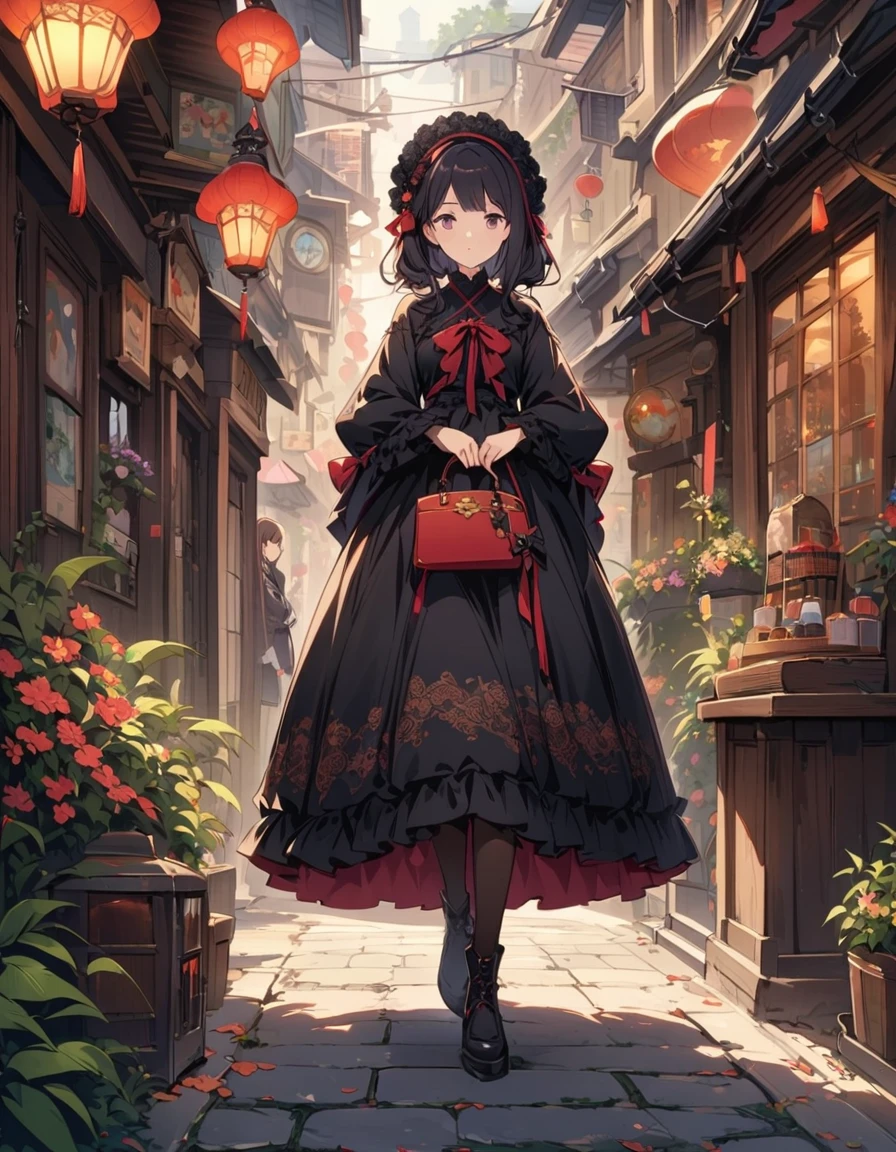 A young girl dressed in a Japanese gothic lolita costume strolling along a Taisho-era street. The street is adorned with old-fashioned lanterns and traditional shops. She has a vintage handbag and wears a delicate lace bonnet. The scene exudes a blend of historical charm and gothic elegance, characteristic of the Taisho Roman aesthetic. --ar 3:4 --stylize 500 --niji 6