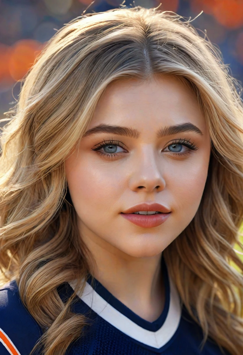 a beautiful detailed portrait of chloe moretz, 1girl, beautiful detailed eyes, beautiful detailed lips, extremely detailed eyes and face, long eyelashes, university of syracuse cheerleader uniform, sheer tan pantyhose, navy blue high heeled pumps, holding pompoms, cheerfully posing, football field background, (best quality,4k,8k,highres,masterpiece:1.2),ultra-detailed,(realistic,photorealistic,photo-realistic:1.37),HDR,UHD,studio lighting,ultra-fine painting,sharp focus,physically-based rendering,extreme detail description,professional,vibrant colors,bokeh,portrait