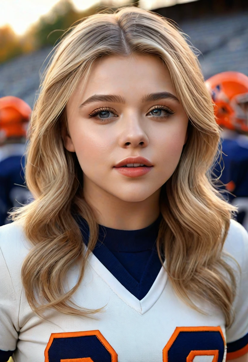 a beautiful detailed portrait of chloe moretz, 1girl, beautiful detailed eyes, beautiful detailed lips, extremely detailed eyes and face, long eyelashes, university of syracuse cheerleader uniform, sheer tan pantyhose, navy blue high heeled pumps, holding pompoms, cheerfully posing, football field background, (best quality,4k,8k,highres,masterpiece:1.2),ultra-detailed,(realistic,photorealistic,photo-realistic:1.37),HDR,UHD,studio lighting,ultra-fine painting,sharp focus,physically-based rendering,extreme detail description,professional,vibrant colors,bokeh,portrait