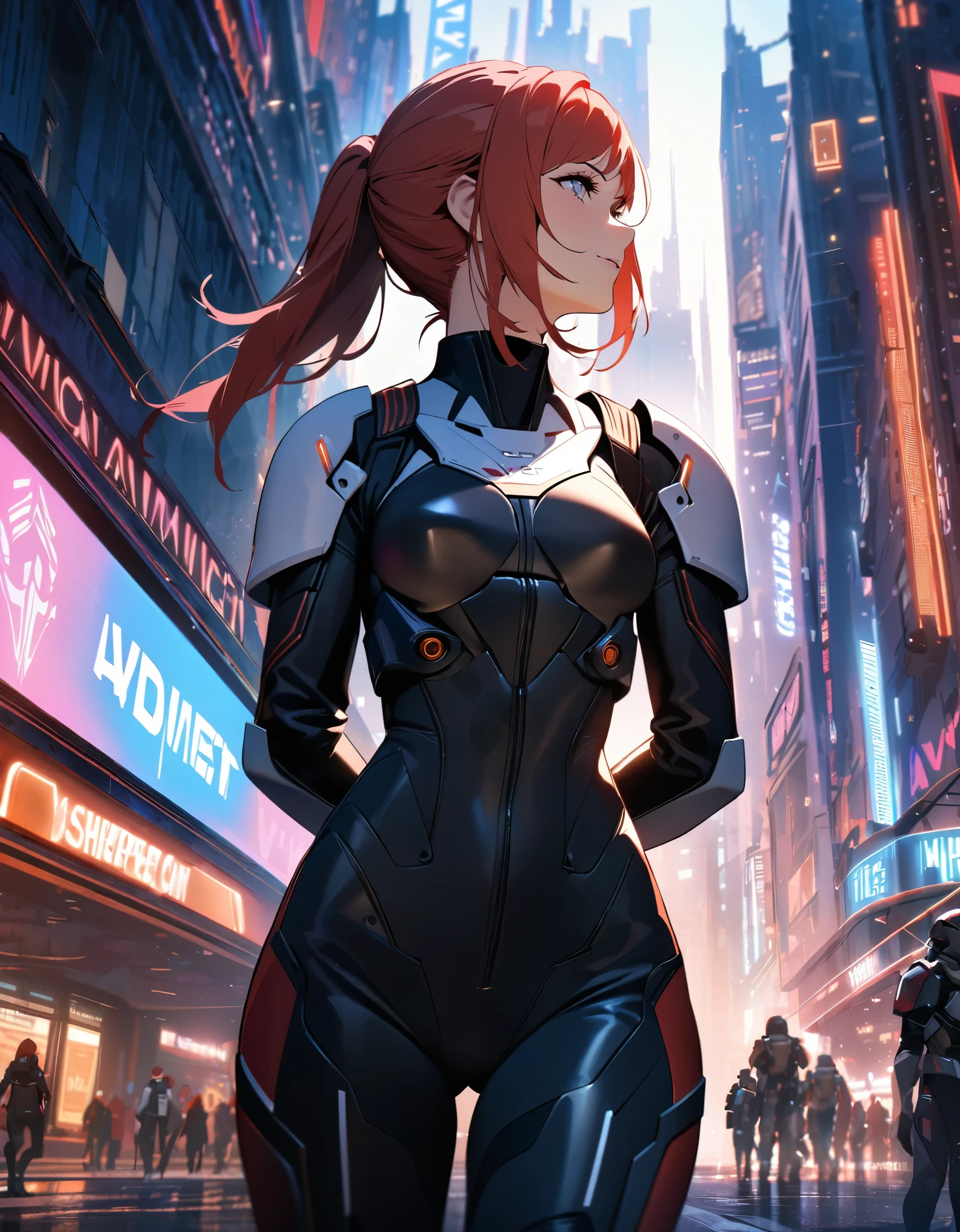  (Perfect Quality), (neon lights), a closeup of a, ((1 woman), Female Commander Shepard from Mass Effect, Redhead, athletic, beatiful face), ( walks through the city), (Hands Behind Your Back), (Battle armor), ( Nebula in the background), wide shot, atmospheric perspective, perspective, highres, HD, 4K, best quality, award winning, high quality, super detail, accurate, masterpiece, UHD