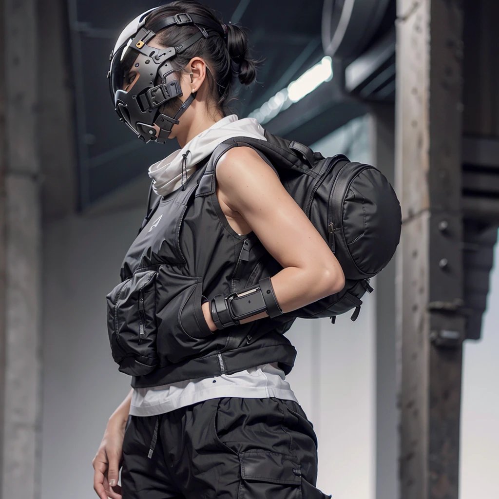 1girl, short black hair, cyber helmet, black tank top, black cargo pants, mouth mask, covered mouth, ((white blank background)), 8K, Hi-Res