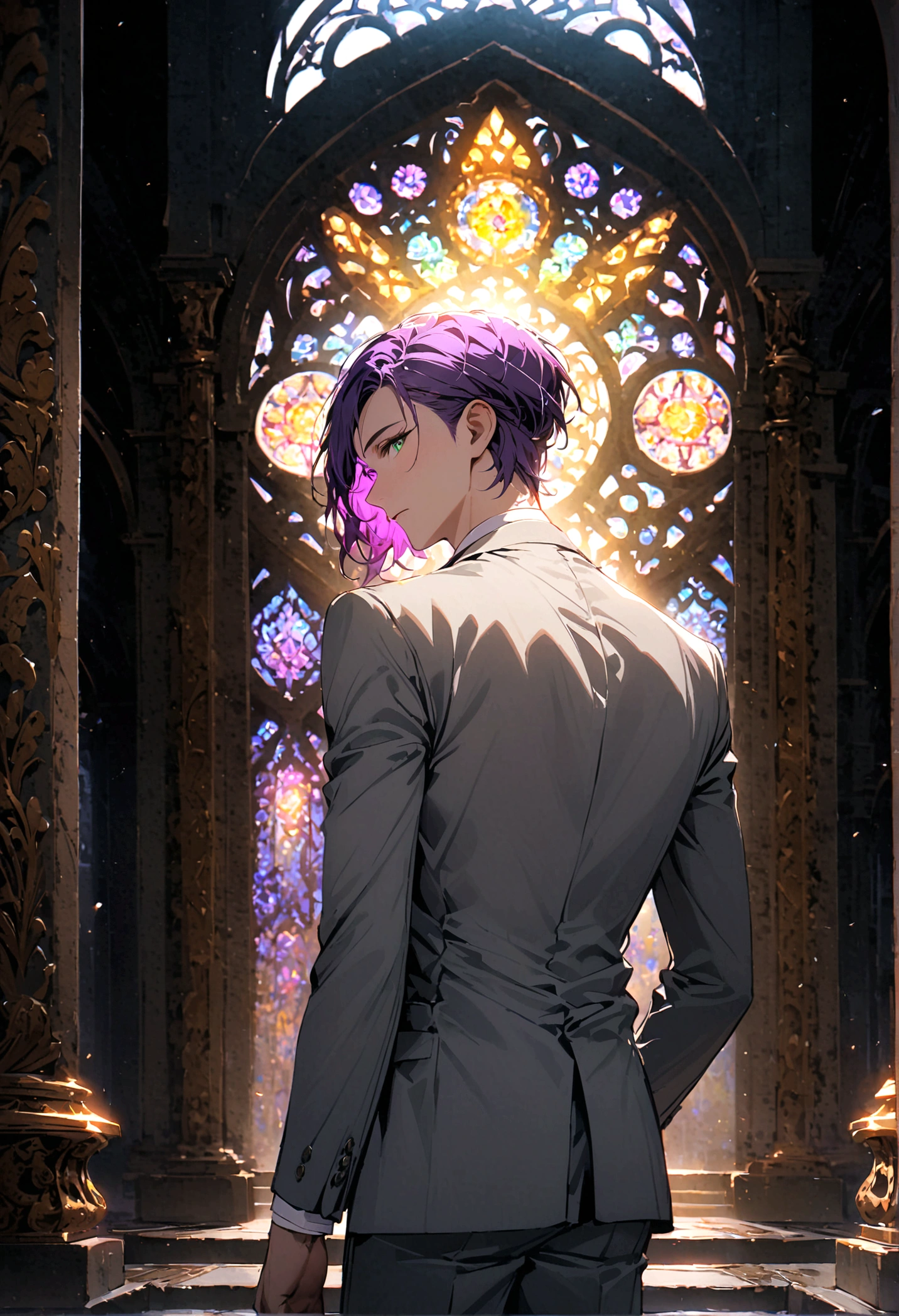 A man with purple hair, green eyes, a gray suit, his back turned half his face, stood alone in the middle of the palace at night.