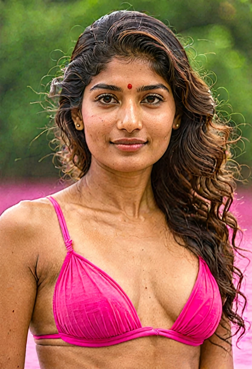 ultrarealistic hires close up photo of a 30-year-old sai pallavi woman, outdoors, realistic skin texture, looking looking at camera, pink bikini, beautiful bokeh background