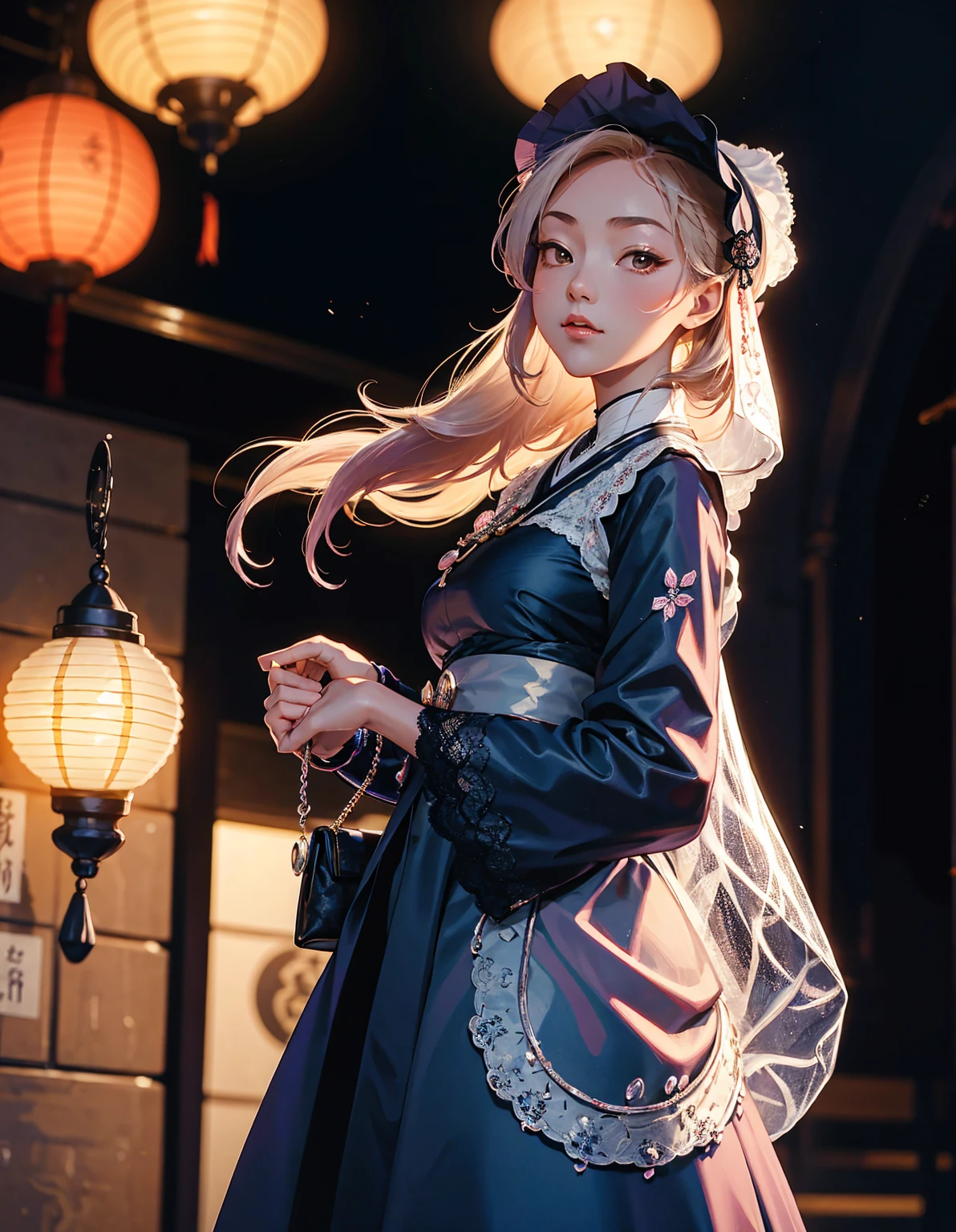 A young girl dressed in a Japanese gothic lolita costume strolling along a Taisho-era street. The street is adorned with old-fashioned lanterns and traditional shops. She has a vintage handbag and wears a delicate lace bonnet. The scene exudes a blend of historical charm and gothic elegance, characteristic of the Taisho Roman aesthetic. --ar 3:4 --stylize 500 --niji 6