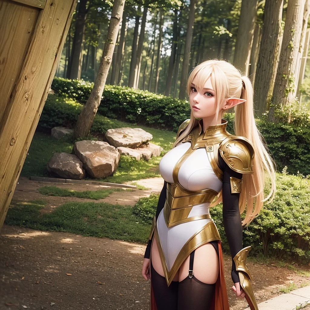 masterpiece, best quality, DSLR, insanely detailed, 19yo FreyjaALO, shy smile, long blonde detailed hair, hair parted in front, silver circlet, insanely detailed green eyes, pretty face, perfect face, path inside a dense forest, sun shining through leaves, RayTrace, light rays, <lora:SAO-V3RS:1>