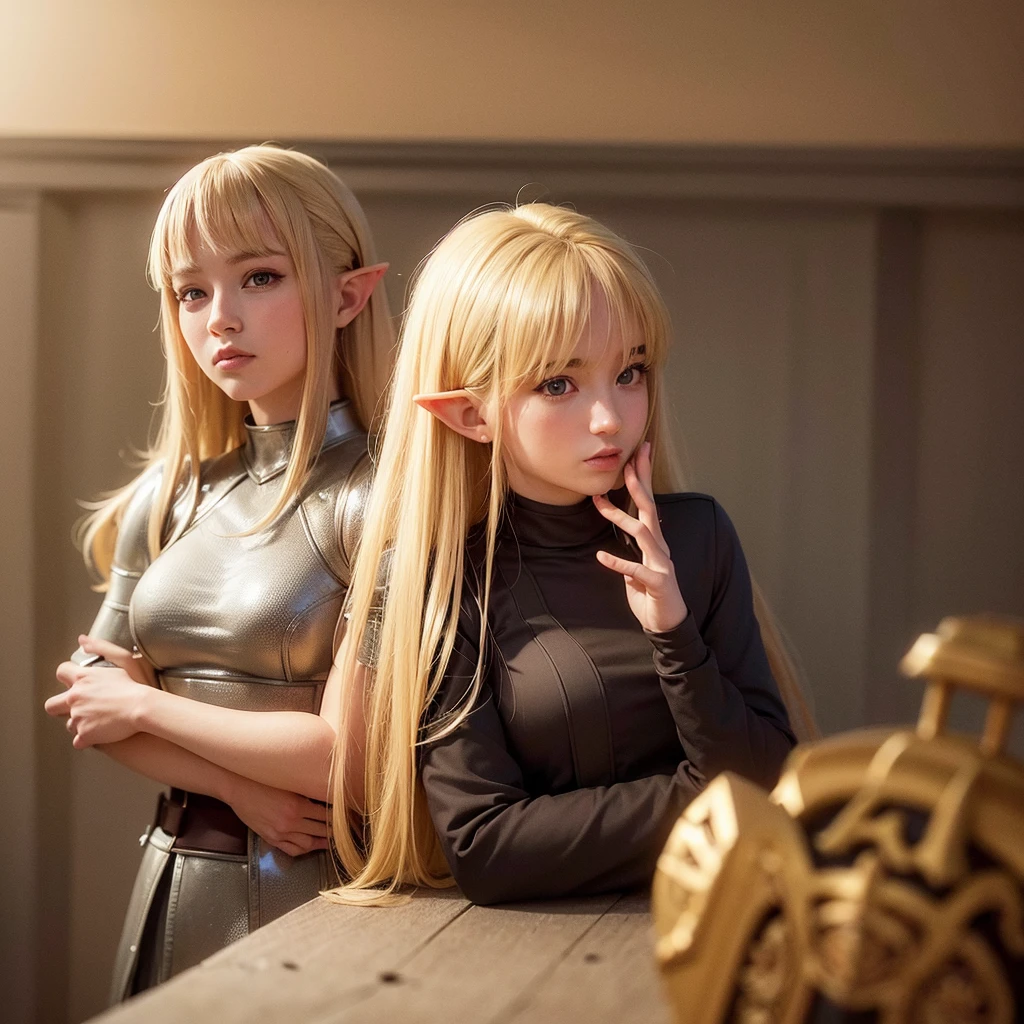((masterpiece, best quality)), manga style, elf warrior in armor, blond hair, elf ears, hands behind back, best qualityer,8K, masterpiece, high resolution,1girl, two tone lighting, (high detail skin:1.2), beautiful face, gentle illumination, ((no background))