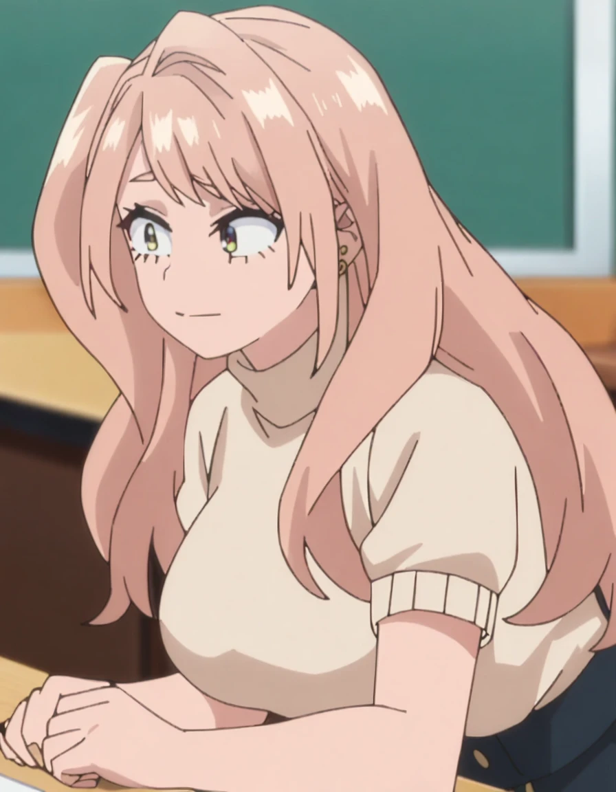 1girl, female focus, my hero academia screencap, boku no hero academia, pink hair, gold eyes, super long hair, cute, wearing beige turtle neck , in a classroom, cute gold earrings, bangs, big boobs
