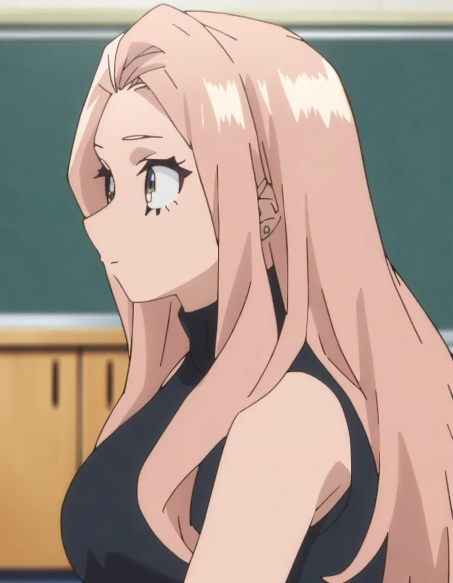 1girl, female focus, my hero academia screencap, boku no hero academia, pink hair, gold eyes, super long hair, cute, wearing beige turtle neck , in a classroom, cute gold earrings, bangs, big boobs
