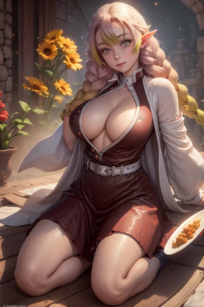 mature female elf, full body, long white hair, pointed ears, white skin, red eyes, confident expression, full plate adorned armor.