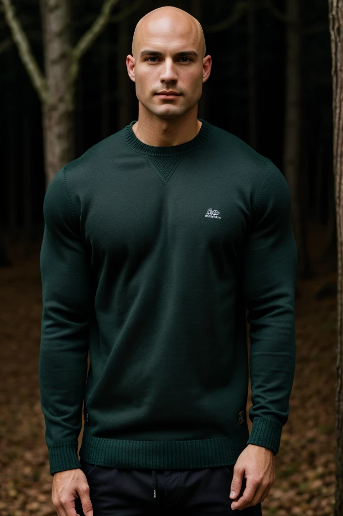 ((best quality)), ((masterpiece)), (detailed), realistic face real bald muscular male upper body wear dark green pullover at night forest