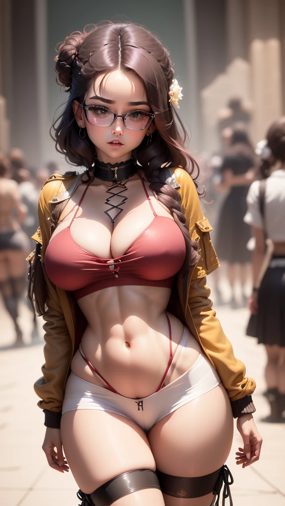 (Solo), 1girl, hair bun, glasses, , brown jacket, ribbon choker, white shirt, mini skirt, (over the knee socks), (long lace up boots), gigantic breasts, big ass, wide hips, milf body, beautiful eyes, perfect face, better eyes, better hands, better fingers, ,shiraki meiko, ((((best masterpiece)))), ((((ultra detailed)))), high quality, best quality, ((((32K)))), sharp focus, (high-resolution picture), Hand perfect, ,more_details:-1, more_details:0, more_details:0.5, more_details:1, more_details:1.5,meikodef/meikornd