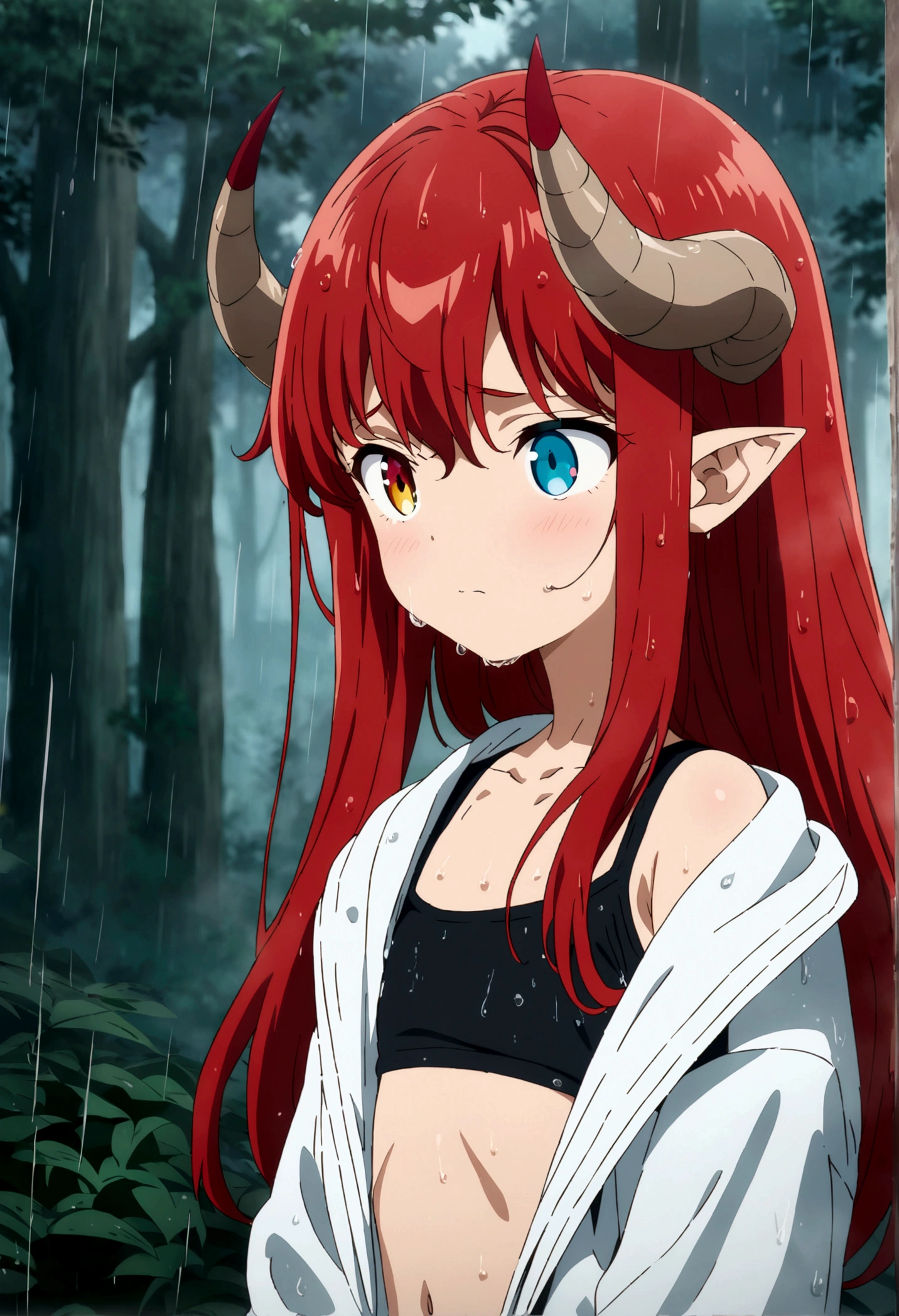 (masterpiece, best quality:1.2) best quality, girl design, portrait, giesha, anime image, long hair, red hair, shy and horny look, heterochromia eyes, hair covering horns, demon horns, tight  black tank bra, blue short jeans, white Windbreaker jacket, flat chest, wet, soft rain, raining, in a forest, full body, anime style, blurry, masterpiece, highres
