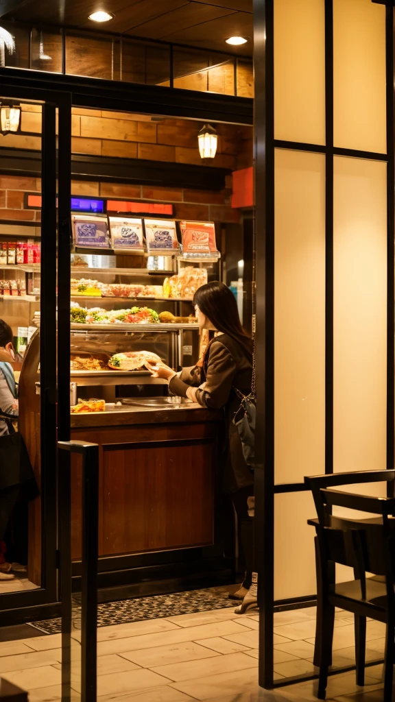 A small cafe is open for business, with lights shining from its red brick exterior. There's a neon sign advertising "Coffee" in red and blue lit letters. Inside, the cafe features a counter with three red stools and a girl sitting in front of it, and a large window that offers a view of the street outside. The atmosphere seems inviting and cozy, perfect for a warm cup of coffee.