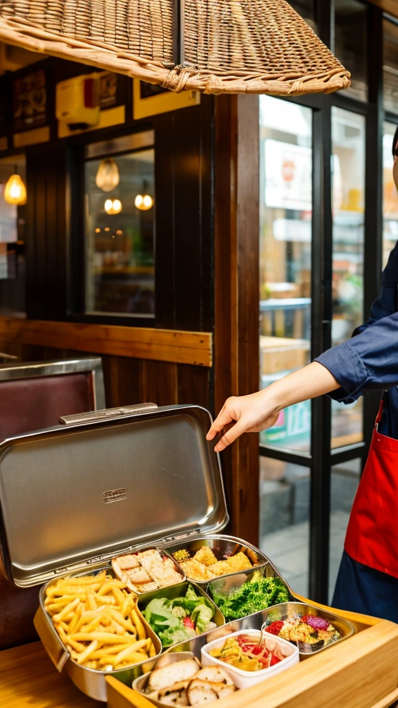A hand coming out of the restaurant offering a lunch box with food to a customer 