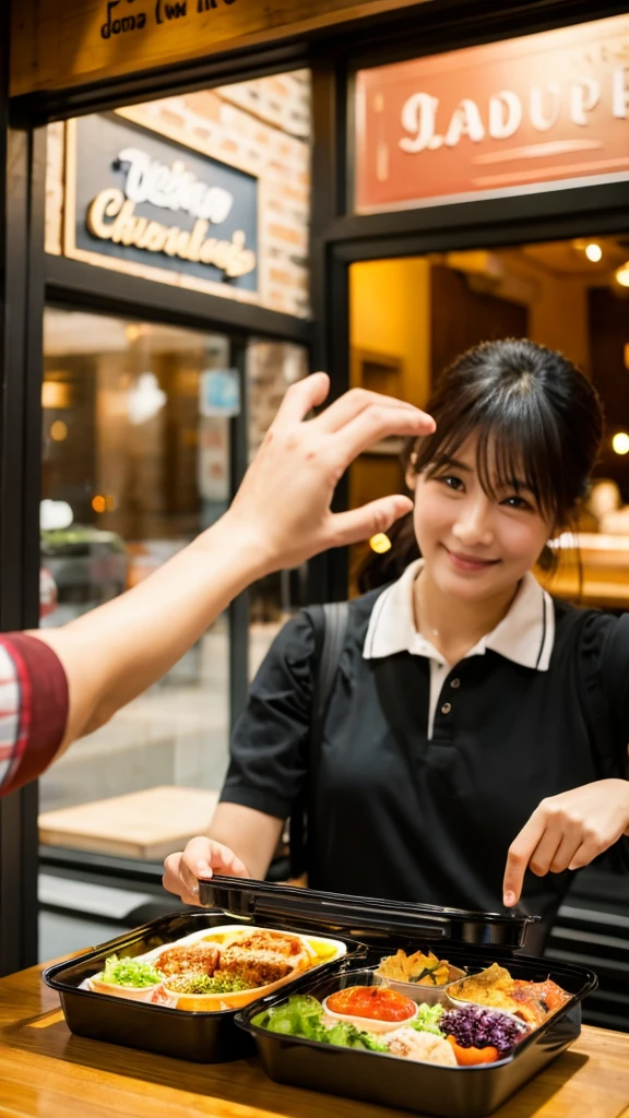 A hand coming out of the restaurant offering a lunch box with food to a customer