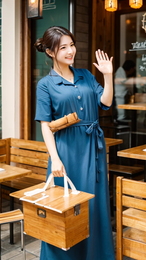 A hand coming out of the restaurant offering a lunch box with food to a customer