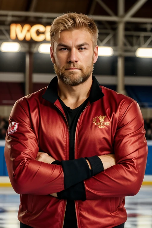 Russian man, dirty blonde hair, brown eyes, muscular body, arms crossed, beard, fair skin, angry expression, old adult, figure skater, male figure skater, wearing a bright red jacket, ice rink background