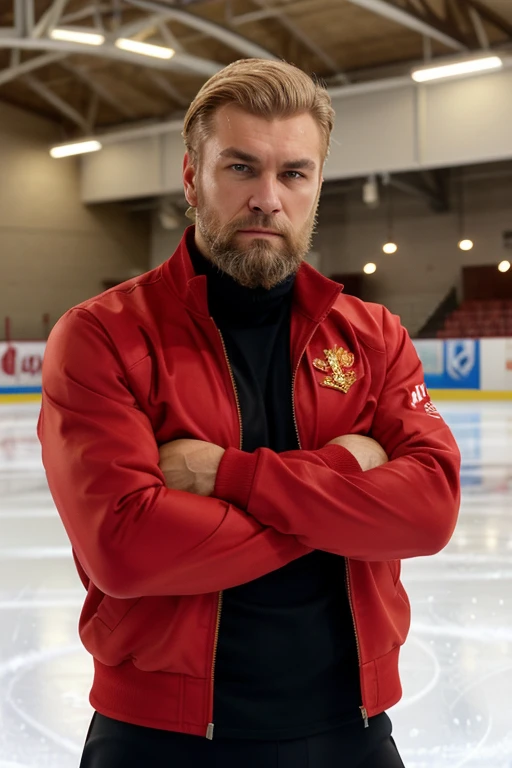 Russian man, dirty blonde hair, brown eyes, muscular body, arms crossed, beard, fair skin, angry expression, old adult, figure skater, male figure skater, wearing a bright red jacket, ice rink background