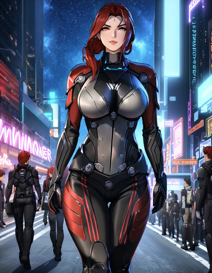  (Perfect Quality), (neon lights), a closeup of a, ((1 woman), Female Commander Shepard from Mass Effect, Redhead, athletic, beatiful face), ( walks through the city), (Hands Behind Your Back), (Battle armor), ( Nebula in the background), wide shot, atmospheric perspective, perspective, highres, HD, 4K, best quality, award winning, high quality, super detail, accurate, masterpiece, UHD