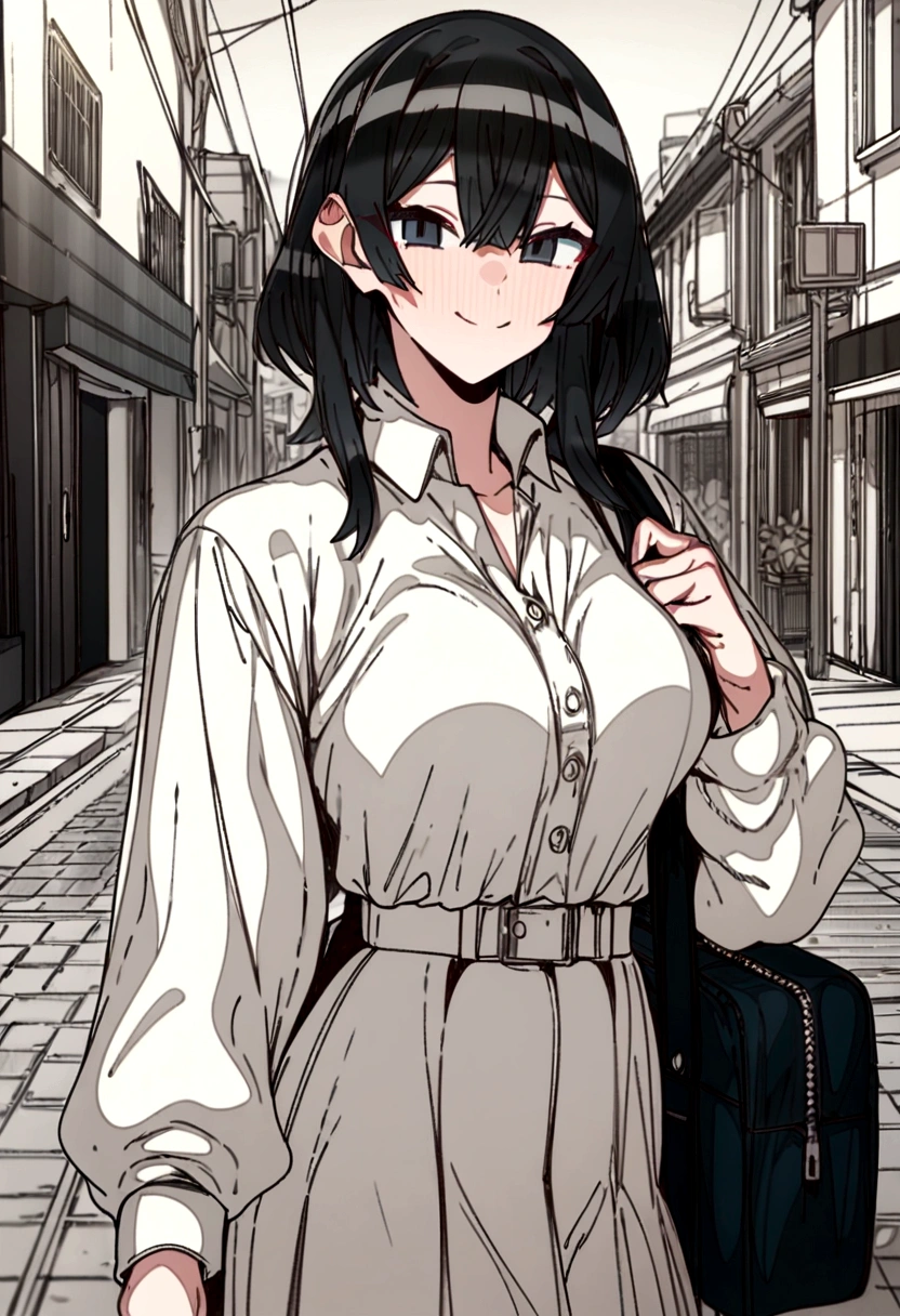 masterpiece, best quality 1girl, erere, grayscale, black eyes, street, iced, black hair, schoolbag, smile, lineart