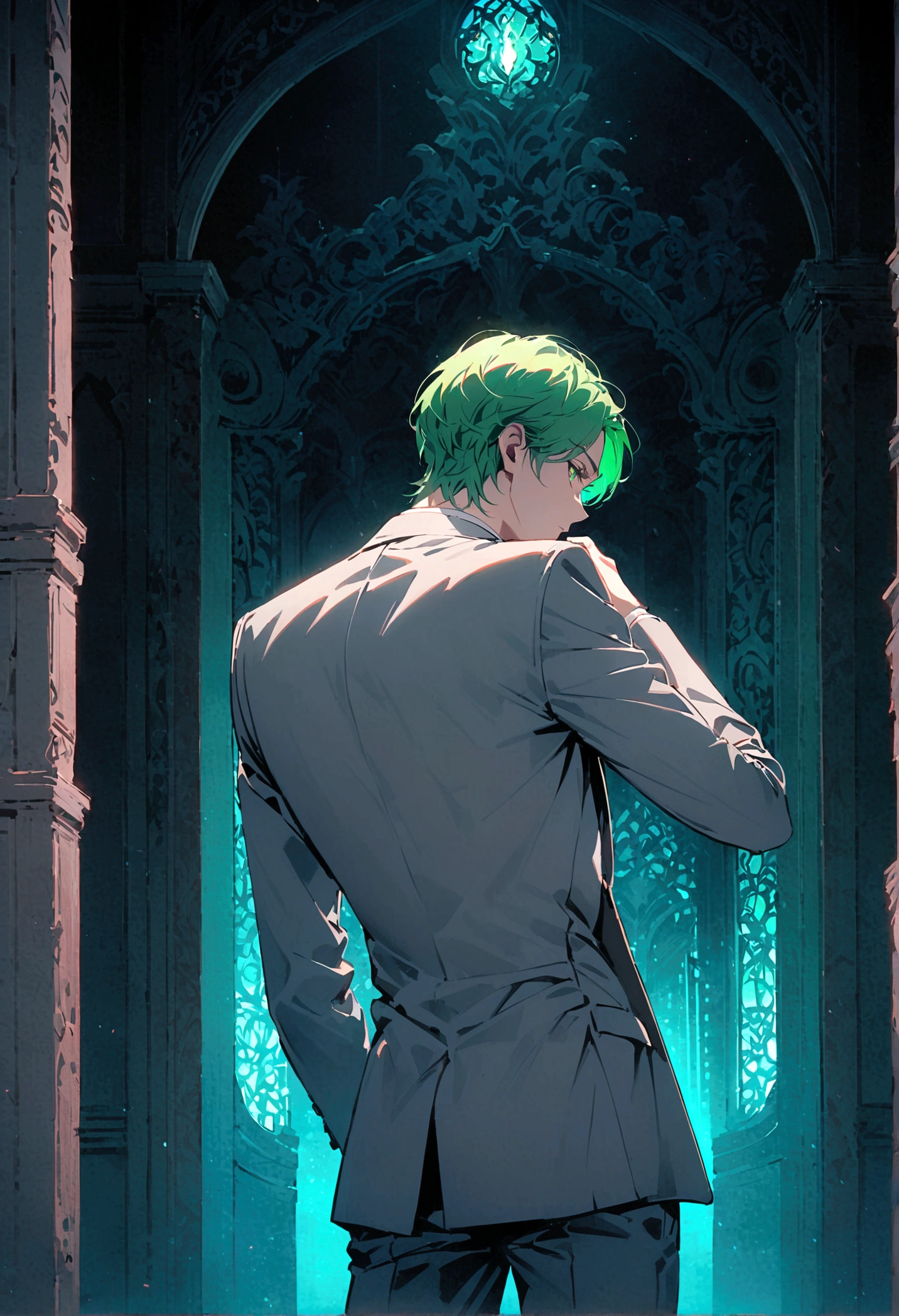 A man with green hair, green eyes, a gray suit, his back turned half his face, stood alone in the middle of the palace at night.