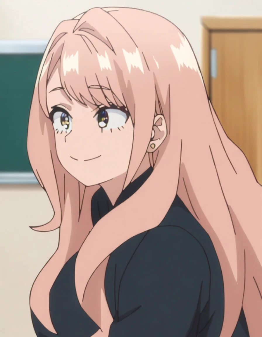 1girl, female focus, my hero academia screencap, boku no hero academia, pink hair, gold eyes, smiling, super long hair, cute, wearing , in a classroom, cute gold earrings, bangs, big boobs
