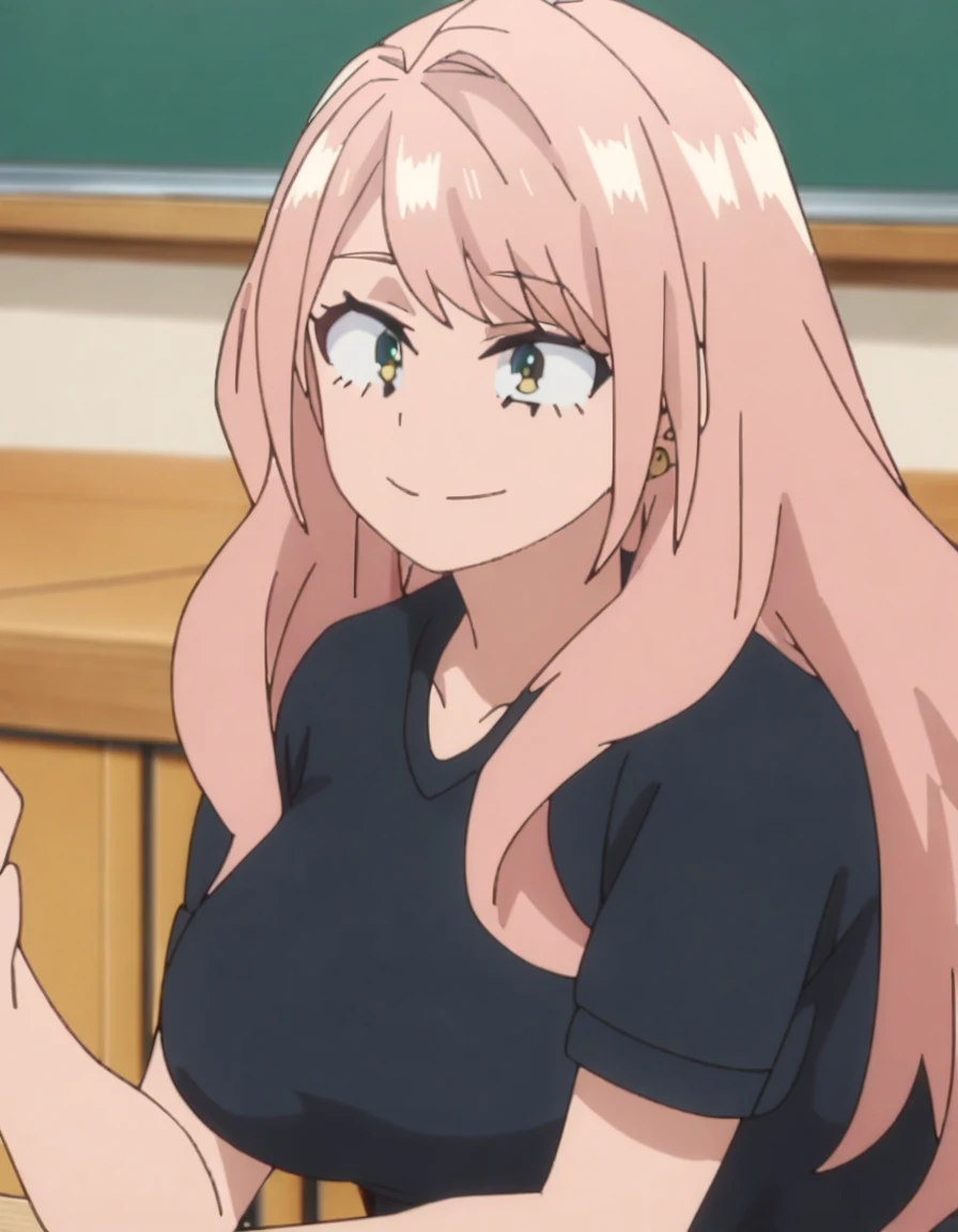 1girl, female focus, my hero academia screencap, boku no hero academia, pink hair, gold eyes, smiling, super long hair, cute, wearing , in a classroom, cute gold earrings, bangs, big boobs
