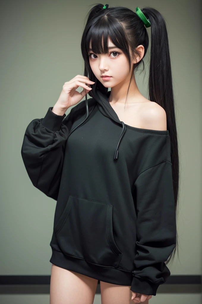 160cm tall, beautiful girl, cute, large twintails, small breasts, tsundere, , black hair, black eyes, high resolution, big eyes, black hoodie, hood on, green headphones around neck, shy, blushing, bare legs , thigh exposure, high resolution, masterpiece, top quality, slender, , looking at me, I'm liked