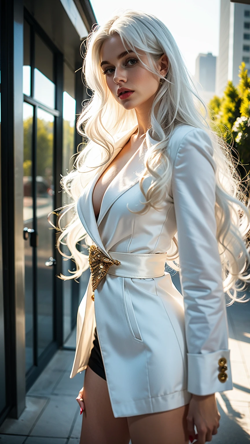 Sexy woman white hair,  professional clothes, long hair, outside background, 160cm, wavy hair