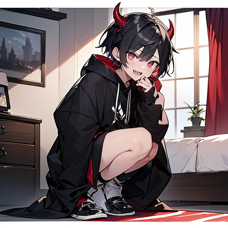 A demon boy that have ************ with 1 red Horn, red demon eyes, he have black hair and have small demon teeth, he simply wear a black hoodie, he stand up in his bedroom