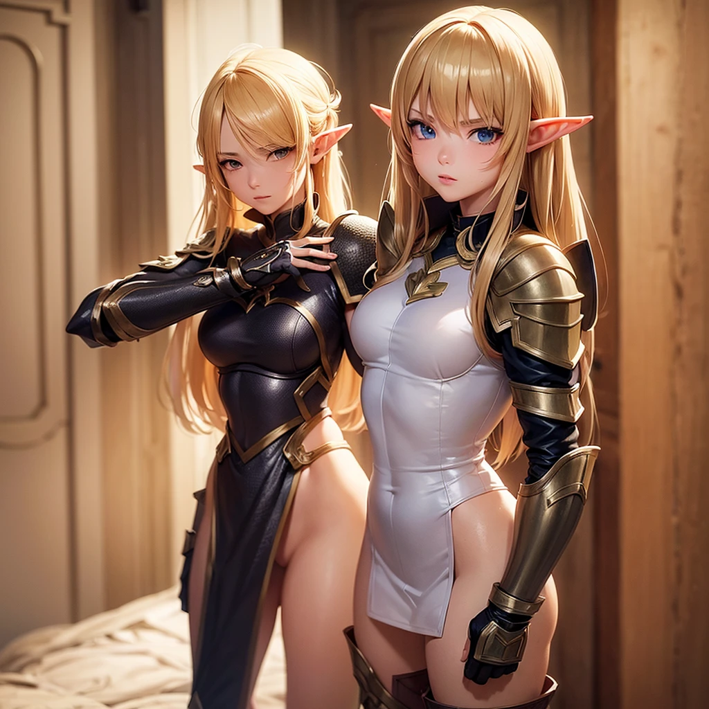 ((masterpiece, best quality)), manga style, elf warrior in armor, blond hair, elf ears, hands behind back, best qualityer,8K, masterpiece, high resolution, two tone lighting, (high detail skin:1.2), beautiful face, gentle illumination, ((no background))
