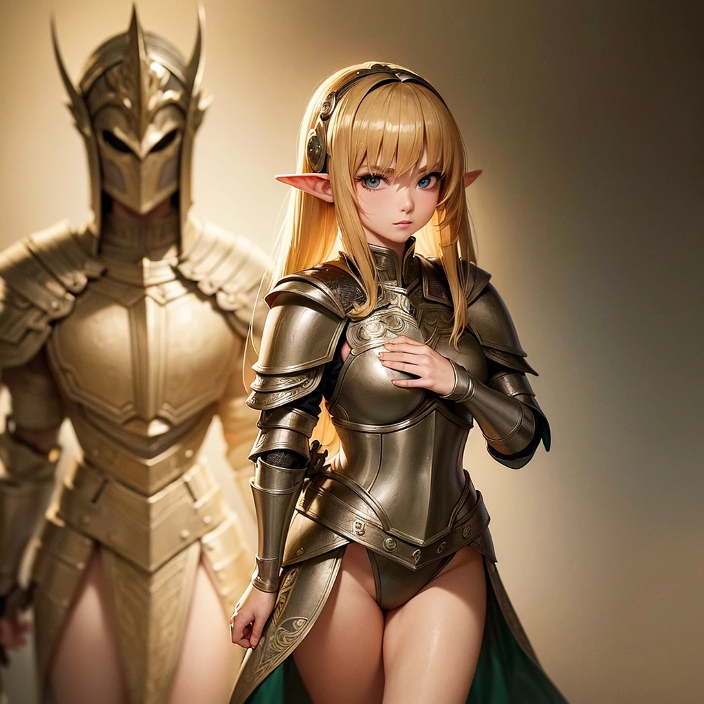((masterpiece, best quality)), manga style, elf warrior in armor, blond hair, elf ears, hands behind back, best qualityer，8K， masterpiece, high resolution, two tone lighting, (high detail skin：1.2), beautiful face, gentle illumination, ((no background))