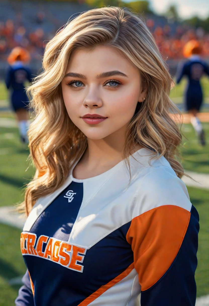 chloe moretz, 1girl, beautiful detailed eyes, beautiful detailed lips, extremely detailed eyes and face, long eyelashes, university of syracuse cheerleader uniform, full portrait length, sheer tan pantyhose, navy blue high heeled pumps, holding pompoms, cheerfully posing, football field background, (best quality,4k,8k,highres,masterpiece:1.2),ultra-detailed,(realistic,photorealistic,photo-realistic:1.37),HDR,UHD,studio lighting,ultra-fine painting,sharp focus,physically-based rendering,extreme detail description,professional,vibrant colors,bokeh,portrait