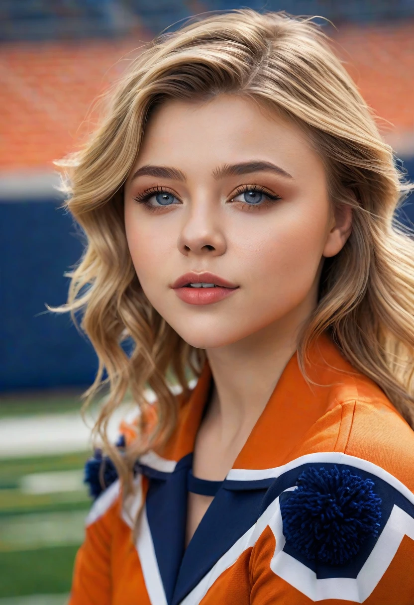 chloe moretz, 1girl, beautiful detailed eyes, beautiful detailed lips, extremely detailed eyes and face, long eyelashes, university of syracuse cheerleader uniform, full portrait length, sheer tan pantyhose, navy blue high heeled pumps, holding pompoms, cheerfully posing, football field background, (best quality,4k,8k,highres,masterpiece:1.2),ultra-detailed,(realistic,photorealistic,photo-realistic:1.37),HDR,UHD,studio lighting,ultra-fine painting,sharp focus,physically-based rendering,extreme detail description,professional,vibrant colors,bokeh,portrait