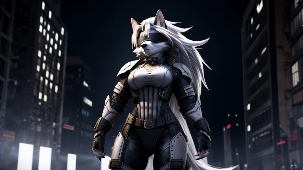 Loona from Helluva Boss, female white wolf, short white hair, blindfold, white combat military armor suit, combat mask, mature adult, muscular, standing, dark lighting, extremely detailed, solo, beautiful, high quality, 4K