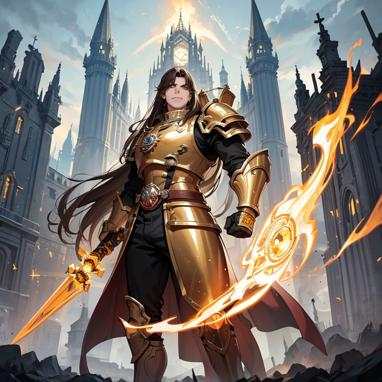 (Absurdres, best high quality)
(1 GiantGentleman 1000 years old), (bright golden skin ,long brown hair, sparkling green eyes), (giant bulky golden space marine armor from Warhammer 40K style), (holding a huge fire sword with left hand), (upright right hand, closed fist) handsome king, handsome face, strong male features, cheerful smile, lovely king, heroic king, grey mountains background, Front shot