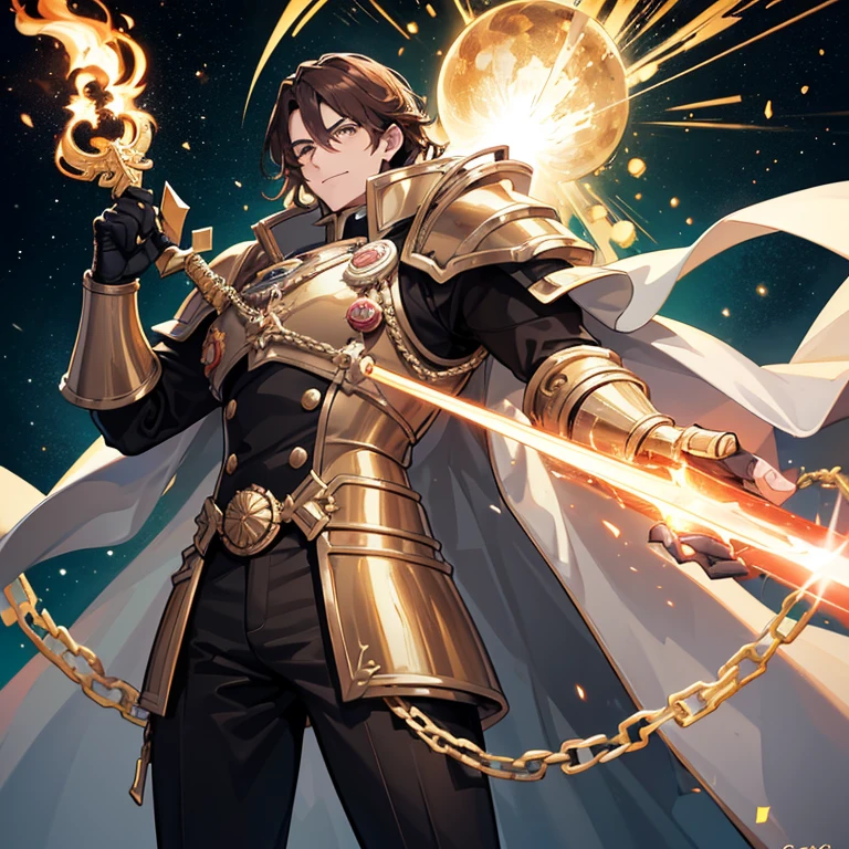 (Absurdres, best high quality)
(1 GiantGentleman 1000 years old), (bright golden skin ,long brown hair, sparkling green eyes), (giant bulky golden space marine armor from Warhammer 40K style), (holding a huge fire sword with left hand), (upright right hand, closed fist) handsome king, handsome face, strong male features, cheerful smile, lovely king, heroic king, grey mountains background, Front shot