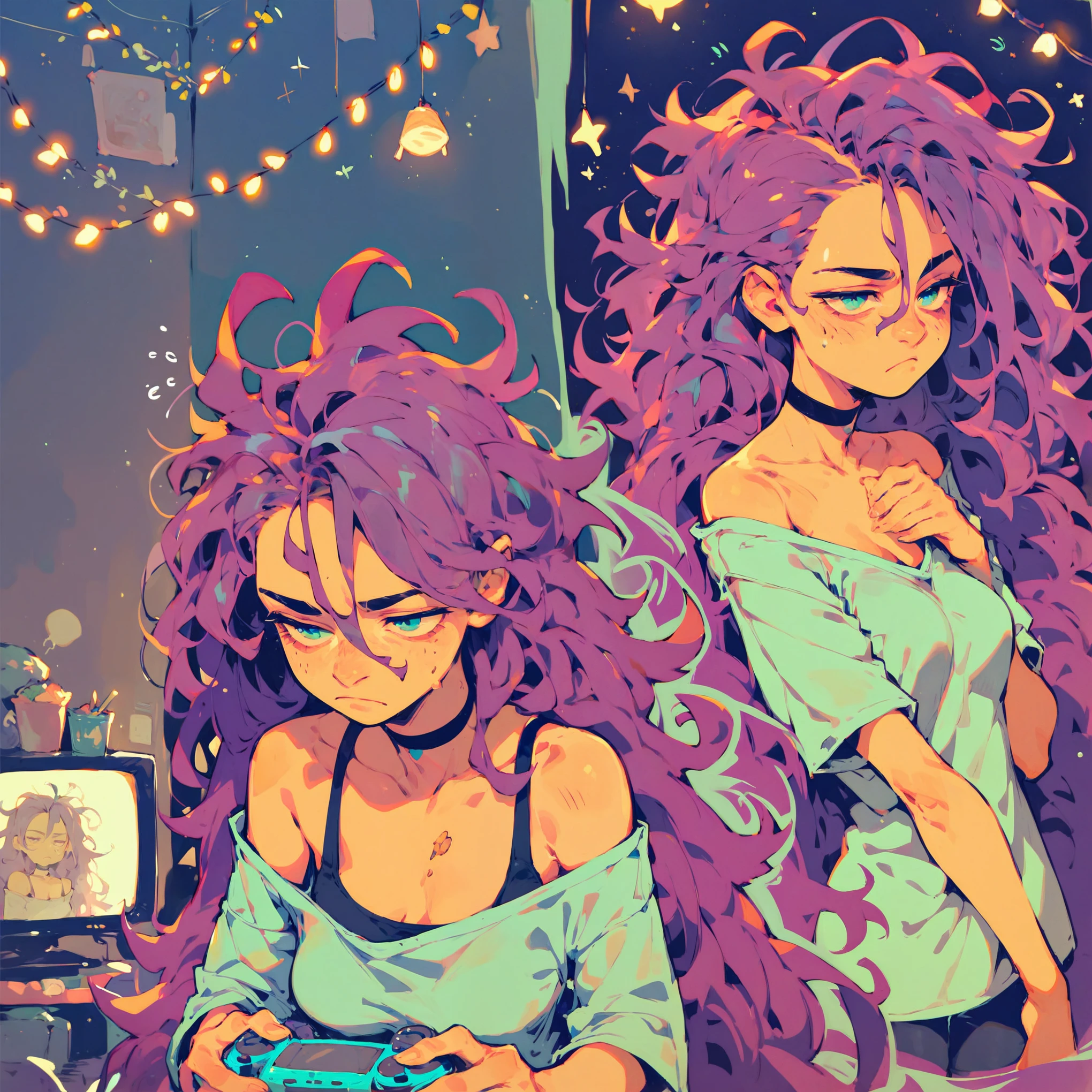 score_9_up, score_8_up, score_7_up, dynamic pose, portrait, headshot, multiple views, 1girl, NEET, (fair skin), tired, sleepy, (very long hair), (very messy hair), purple hair, (cyan eyes), medium breasts, frown, oversized shirt, (untucked shirt), off shoulder, bare shoulders, collarbone, choker, bike shorts, barefoot, (in a dark room), lights off, (dim lighting), messy room, junk food, (from behind), (facing away), a large television, video game console, game controller, futon, at night, dark theme,
