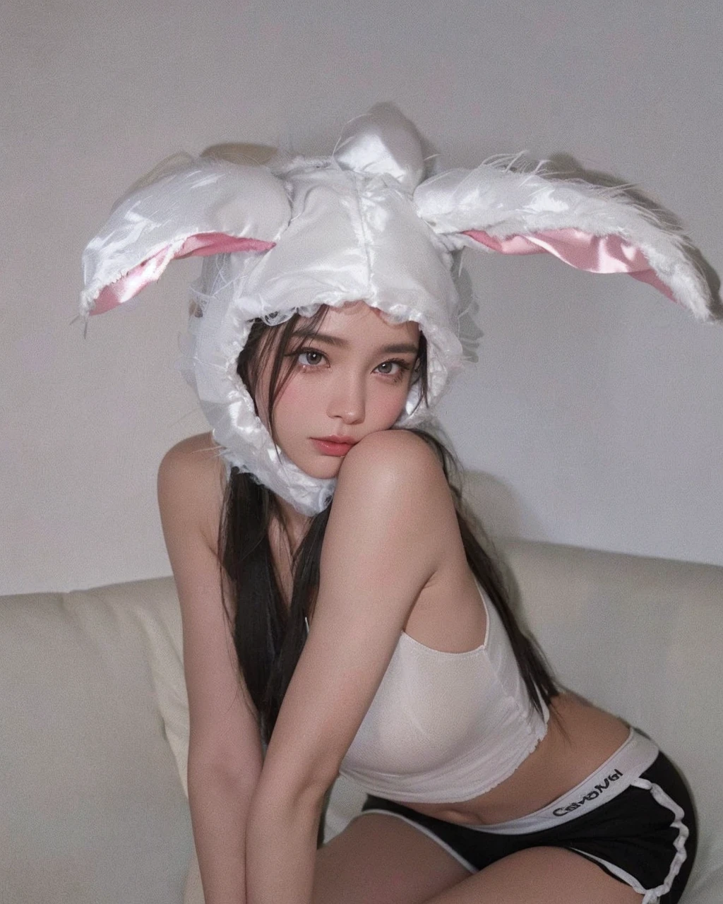 araffe wearing a conejito hat and panties sitting on a couch, with long floppy conejo ears, with big conejo ears, ultrarealistic sweet conejito girl, with conejito ears, conejito girl, with conejito conejo ears, wearing a conejito suit, conejito ears, long conejo ears, wearing cybernetic conejito ears, conejo ears, conejo_conejito, half conejito