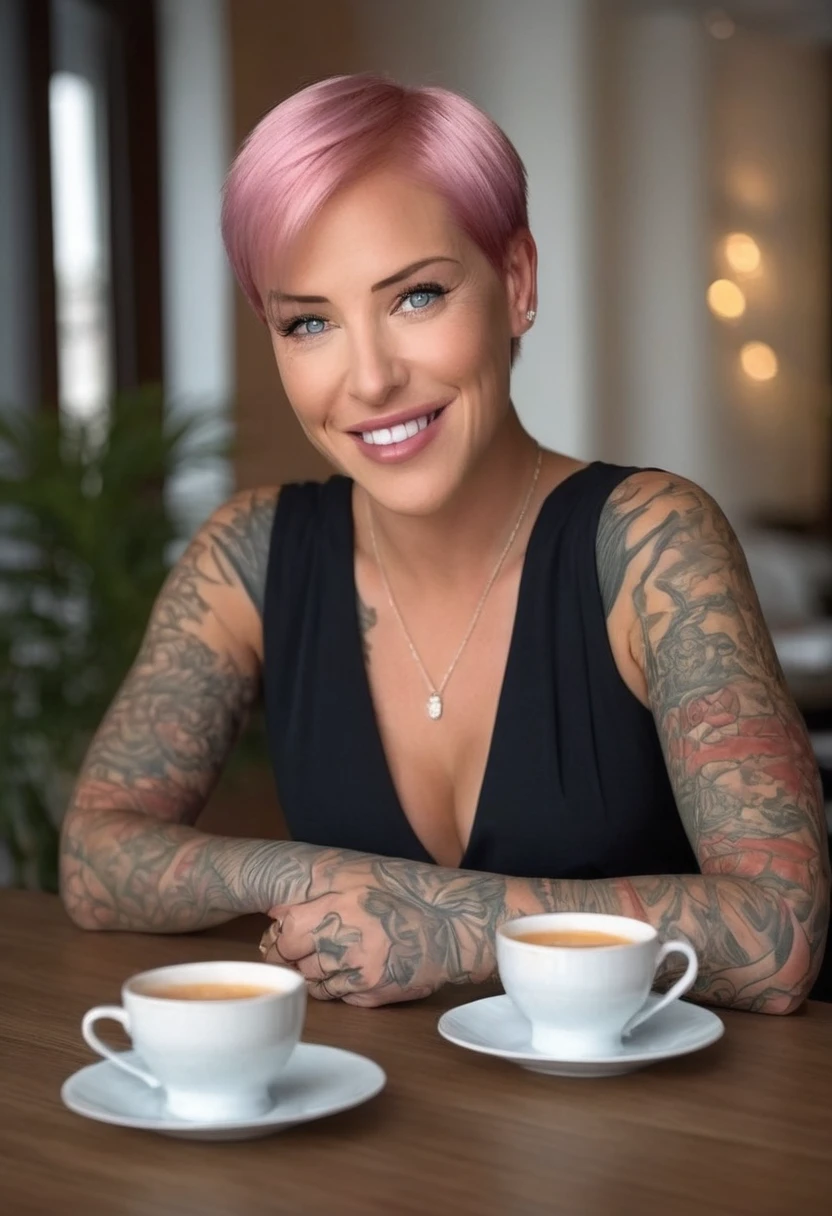 Create a realistic 8K image of Laurence Bedard, the model, with short pink hair, she has blue eyes, dressed in formal attire. She is seated at a dining table indoors, illuminated by subtle indoor lighting. Laurence is depicted with a calm expression, smiling gently and looking away from the viewer, evoking a serene and relaxed atmosphere.