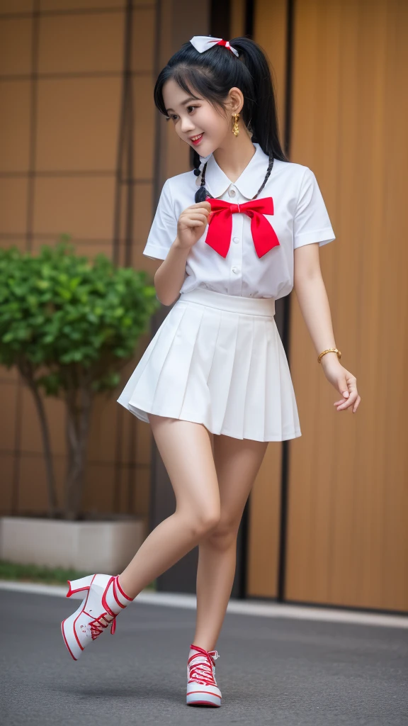 1 a thai cute teen about 25 year old,white 
shirt, uniform university of thailand,mini black short skirt,mini earrings,mini gold necklace,she wearing red high heels,she dancing,a pigtails,big white ribbon on her hair.she had no make up on her face,she had small bag.