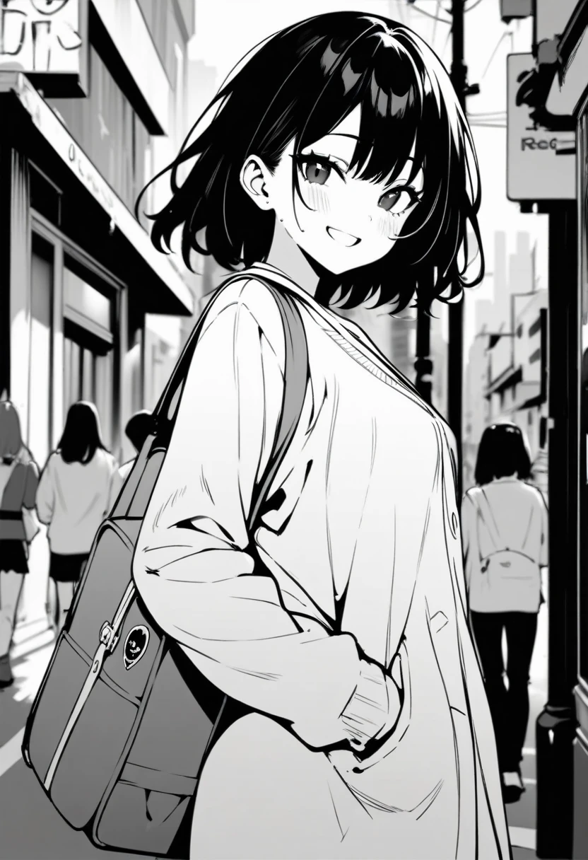 masterpiece, best quality 1girl, grayscale, black eyes, street, iced, black hair, schoolbag, smile, lineart