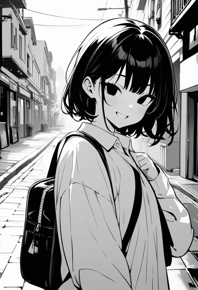 ​masterpiece, best quality 1girl, grayscale, black eyes, street, iced, black hair, schoolbag, smile, lineart
