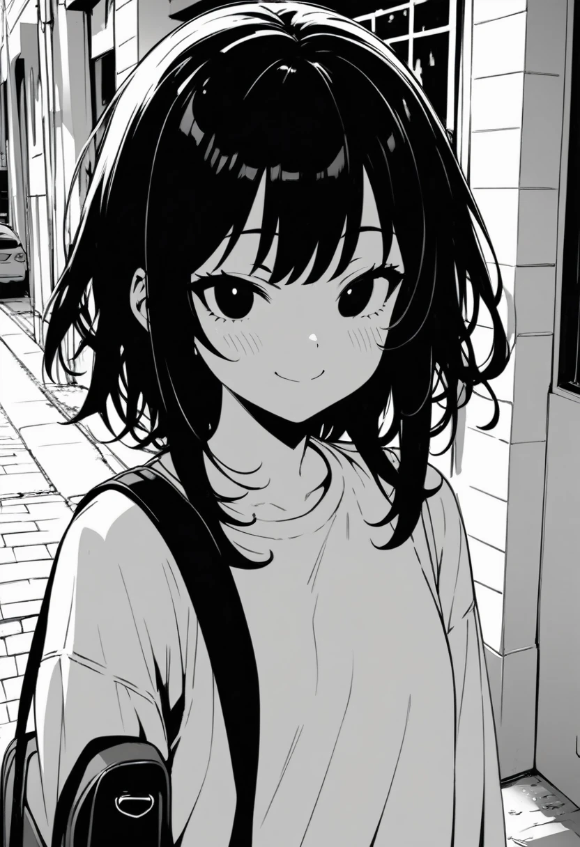 masterpiece, best quality 1girl, grayscale, black eyes, street, iced, black hair, schoolbag, smile, lineart